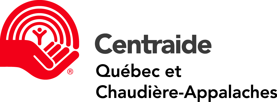 Logo de Centraide Québec et Chaudière-Appalaches. Il représente une main rouge entourant une silhouette stylisée, avec le nom de l'organisme en texte gris à droite.