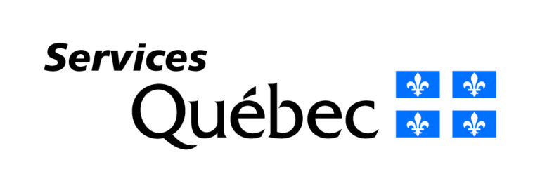 Logo de Services Québec avec le texte « Services Québec » et quatre carrés bleus contenant chacun un symbole de fleur de lys blanche, disposés en grille.
