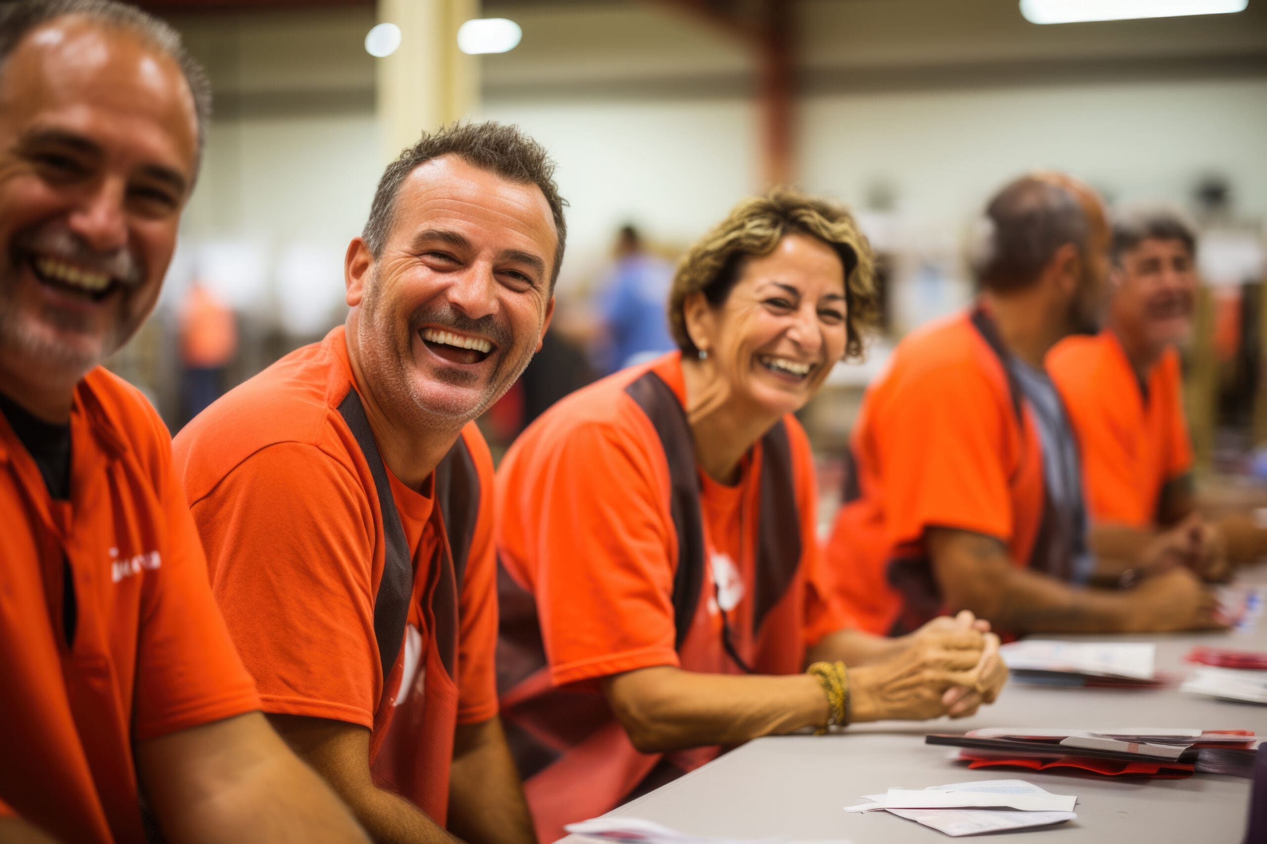 Un groupe de personnes portant des chemises orange est assis à une table, souriant et riant. L'attention est portée sur un homme et une femme au centre. Ils semblent faire partie d'une équipe ou d'un groupe de bénévoles, avec des papiers et des badges sur la table devant eux.