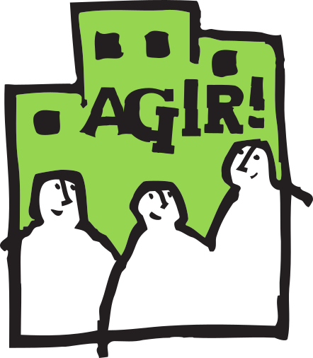 Dessin abstrait de trois personnages devant un paysage urbain verdoyant avec le mot « AGIR ! » écrit en lettres noires au-dessus d'eux. Les personnages sont grossièrement esquissés, ce qui donne à l'image un aspect ludique et informel.
