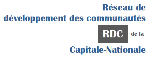 Le texte de l'image se lit comme suit : « Réseau de développement des communautés de la Capitale-Nationale » avec « RDC » surligné dans une case sombre.