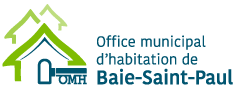 Logo de l'Office municipal d'habitation de Baie-Saint-Paul représentant une maison stylisée aux toits verts et bleus superposés. Le nom de l'organisme est inscrit en texte bleu à droite de l'image.