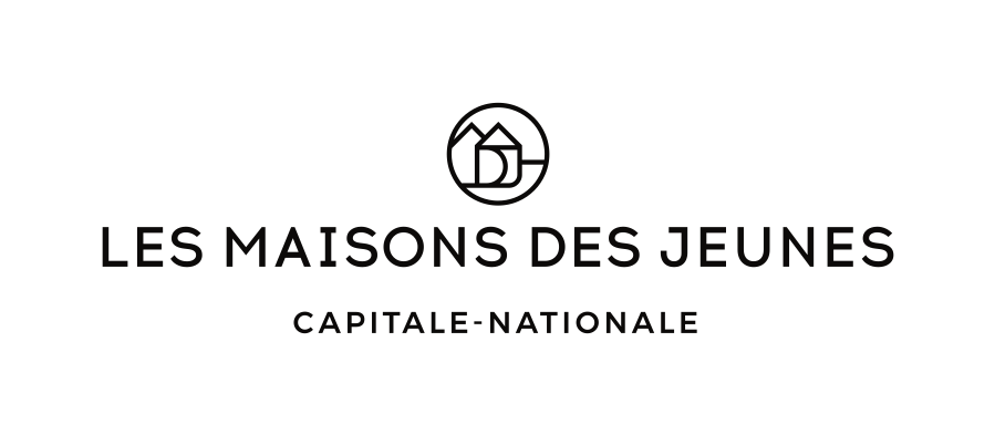 Logo des « Maisons des Jeunes Capitale-Nationale », comportant une icône circulaire avec des formes de maisons stylisées et le nom de l’organisme écrit en dessous en lettres majuscules.