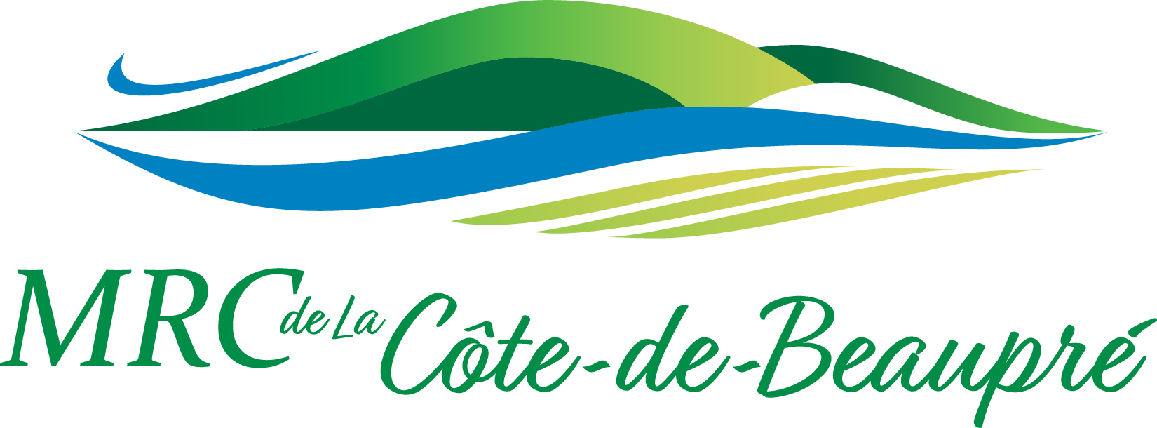 Logo de la MRC de La Côte-de-Beaupré représentant des collines vertes stylisées, une rivière bleue et des champs verts, avec le nom « MRC de La Côte-de-Beaupré » écrit en texte cursif vert sous l'image.