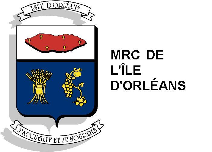 Armoiries de la MRC de l'Île d'Orléans. La moitié supérieure présente une forme d'île rouge avec des croix sur fond blanc. La moitié inférieure présente une gerbe de blé et des vignes sur fond bleu. La bannière porte l'inscription : « J'accueille et je nourris.