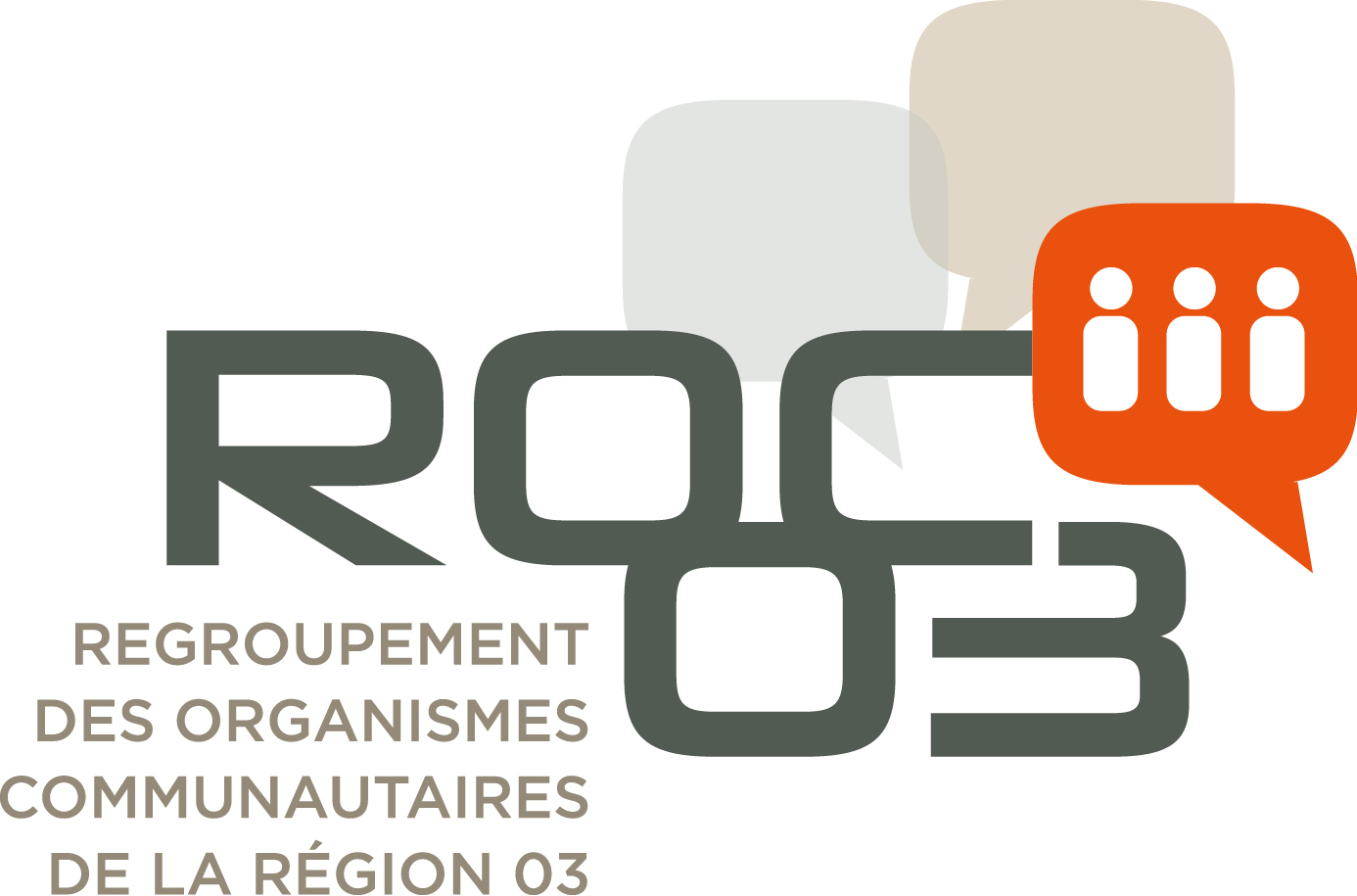 Logo du ROC 03, stylisé avec l'acronyme en grosses lettres et trois bulles en gris et orange. Texte : « Regroupement des Organismes Communautaires de la Région 03.