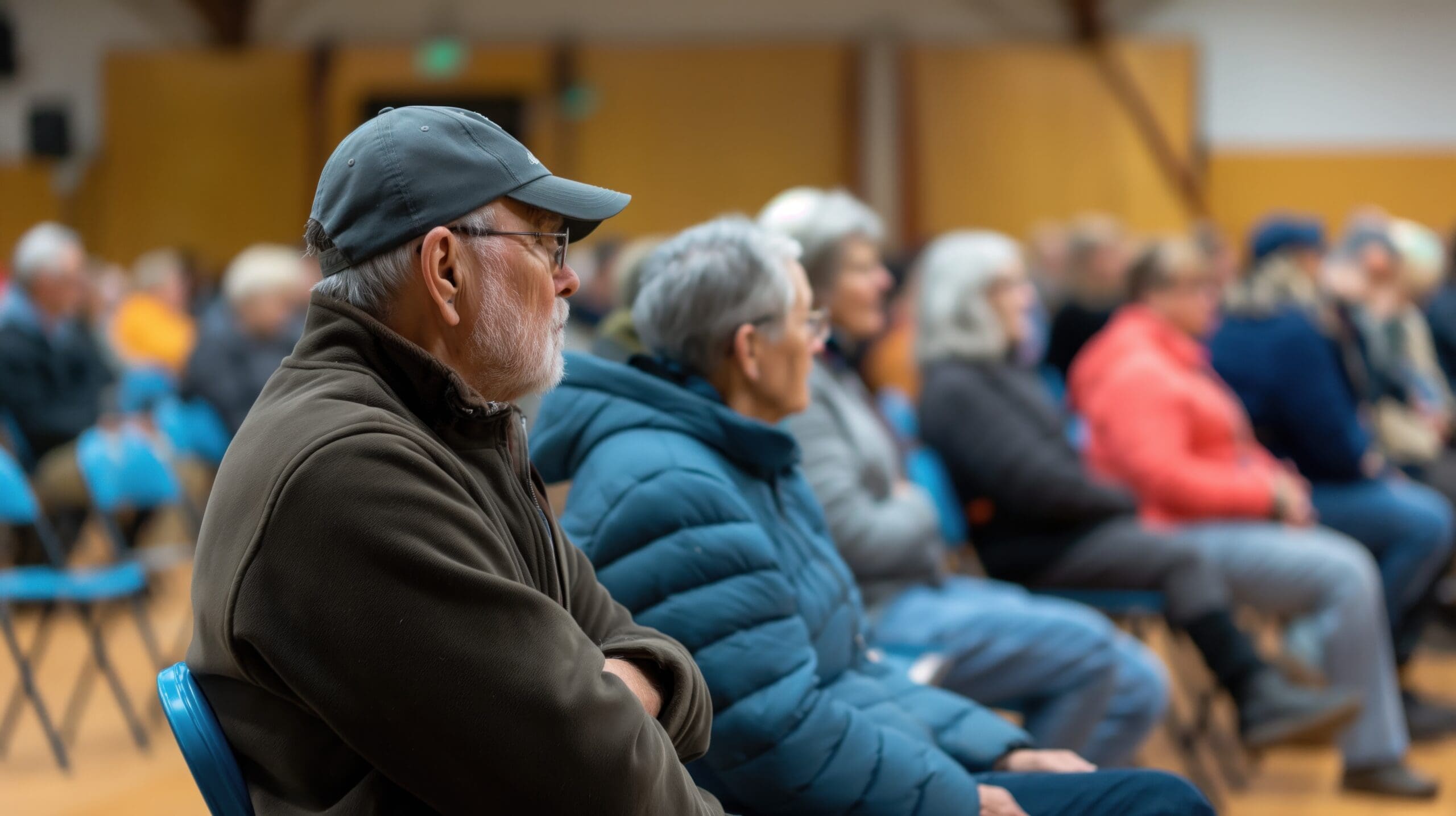 Un groupe de personnes assises sur des chaises bleues dans une salle communautaire. L'accent est mis sur un homme âgé portant une casquette et des lunettes, et sur une femme portant une veste bleue. L'arrière-plan montre davantage de personnes avec des détails flous.