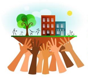 Illustration de diverses mains soulevant un petit quartier avec des bâtiments, des arbres et des personnes. La scène suggère le soutien et l'unité de la communauté sous un ciel ensoleillé.