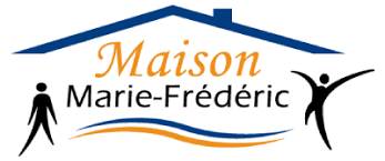 Logo de la Maison Marie-Frédéric représentant une maison au toit bleu. Le texte est centré sous le toit. Deux bonhommes allumette, l'un en train de marcher et l'autre en train de sauter, sont de chaque côté. Une ligne orange ondulée se trouve en bas.