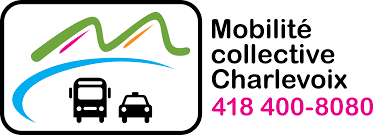 Logo de Mobilité Collective Charlevoix représentant des montagnes vertes stylisées et une courbe bleue au-dessus des icônes d'un autobus et d'un taxi. Numéro de téléphone : 418 400-8080.