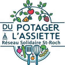 Logo représentant divers légumes comme des carottes, des poivrons et des pois entourant le texte « Du Potager à l'Assiette, Réseau Solidaire St-Roch ». Comprend une fourchette, une spatule et un fouet au bas.