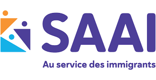 Logo de la SAAI avec des figures stylisées en orange, bleu et violet, et le texte « SAAI » en lettres violettes en gras. Ci-dessous, un slogan en français : « Au service des immigrants.