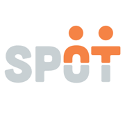 Logo avec le mot « Spot » au style créatif. Le « o » est conçu avec deux cercles orange au-dessus, imitant des figures humaines, et un rectangle vertical orange en dessous. Le reste des lettres est en gris.