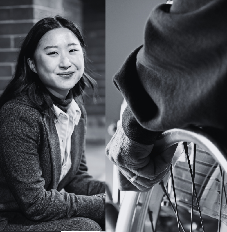 Un collage en noir et blanc montre un homme souriant les yeux fermés, une jeune femme souriant à l'appareil photo et un gros plan de la main d'une personne reposant sur la roue d'un fauteuil roulant.
