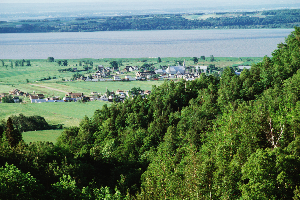 Au premier plan, une forêt verdoyante recouvre des collines ondulantes, avec un petit village et des champs au-delà. À l'arrière-plan, une large rivière ou un lac s'étend sur le paysage sous un ciel pâle.