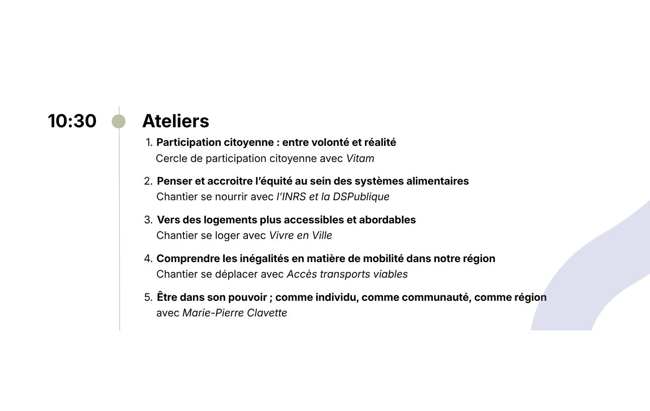 Programme de cinq ateliers à 10 h 30, portant notamment sur la participation citoyenne, l'équité alimentaire, le logement, la mobilité et l'autonomisation des communautés.